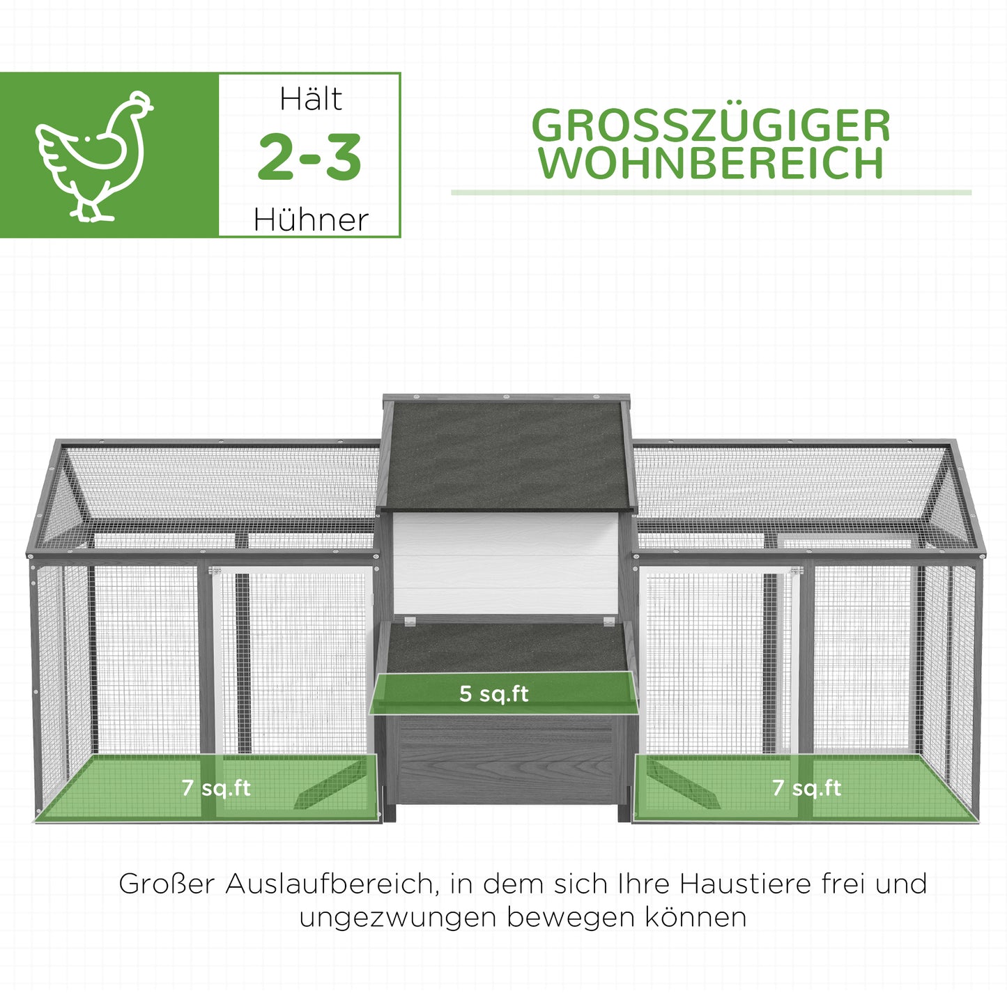 PawHut Hühnerstall Kleintierstall 2 Außengehege, 1 Nistkasten, 2 Rampen,Asphaltdach, wetterbeständig, Grau