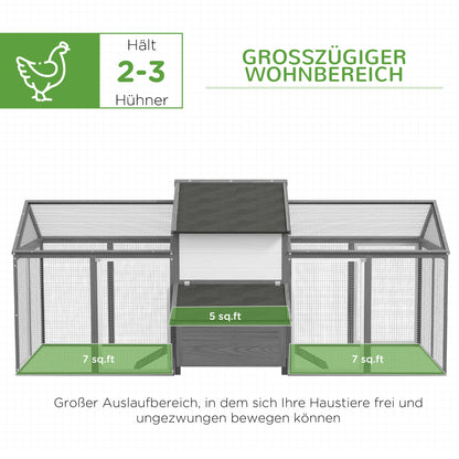PawHut Hühnerstall Kleintierstall 2 Außengehege, 1 Nistkasten, 2 Rampen,Asphaltdach, wetterbeständig, Grau