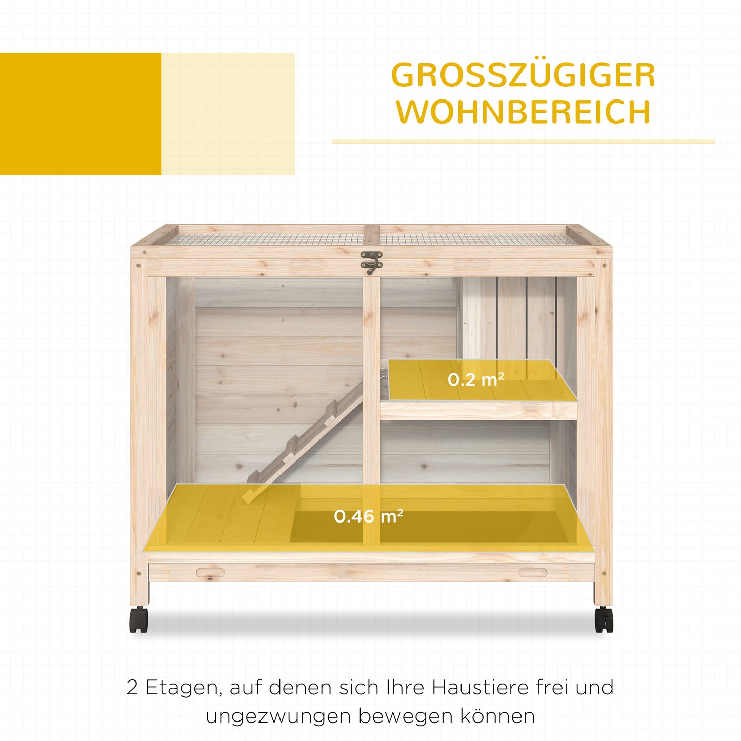 PawHut Kleintierstall mit 2 Ebenen 4 Rollen versigeltes Tannenholz Natur