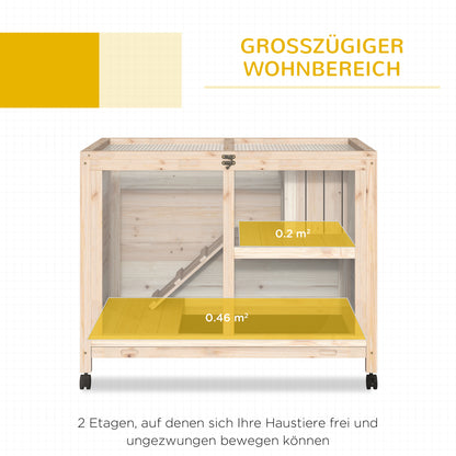 PawHut Kleintierstall mit 2 Ebenen 4 Rollen versigeltes Tannenholz Natur