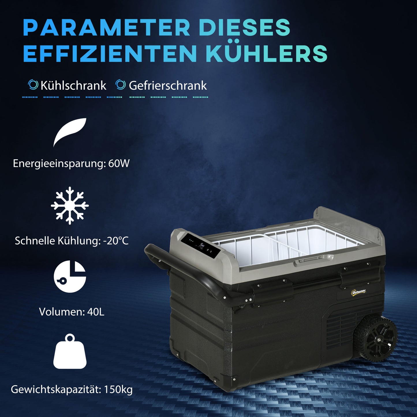 Outsunny Kühlbox Auto 40L mit LED-Beleuchtung Kompressor Autokühlschrank mit Griffe Transportrollen Boot Camper Reisen 12/24V DC und 110-240V AC Grau+Schwarz