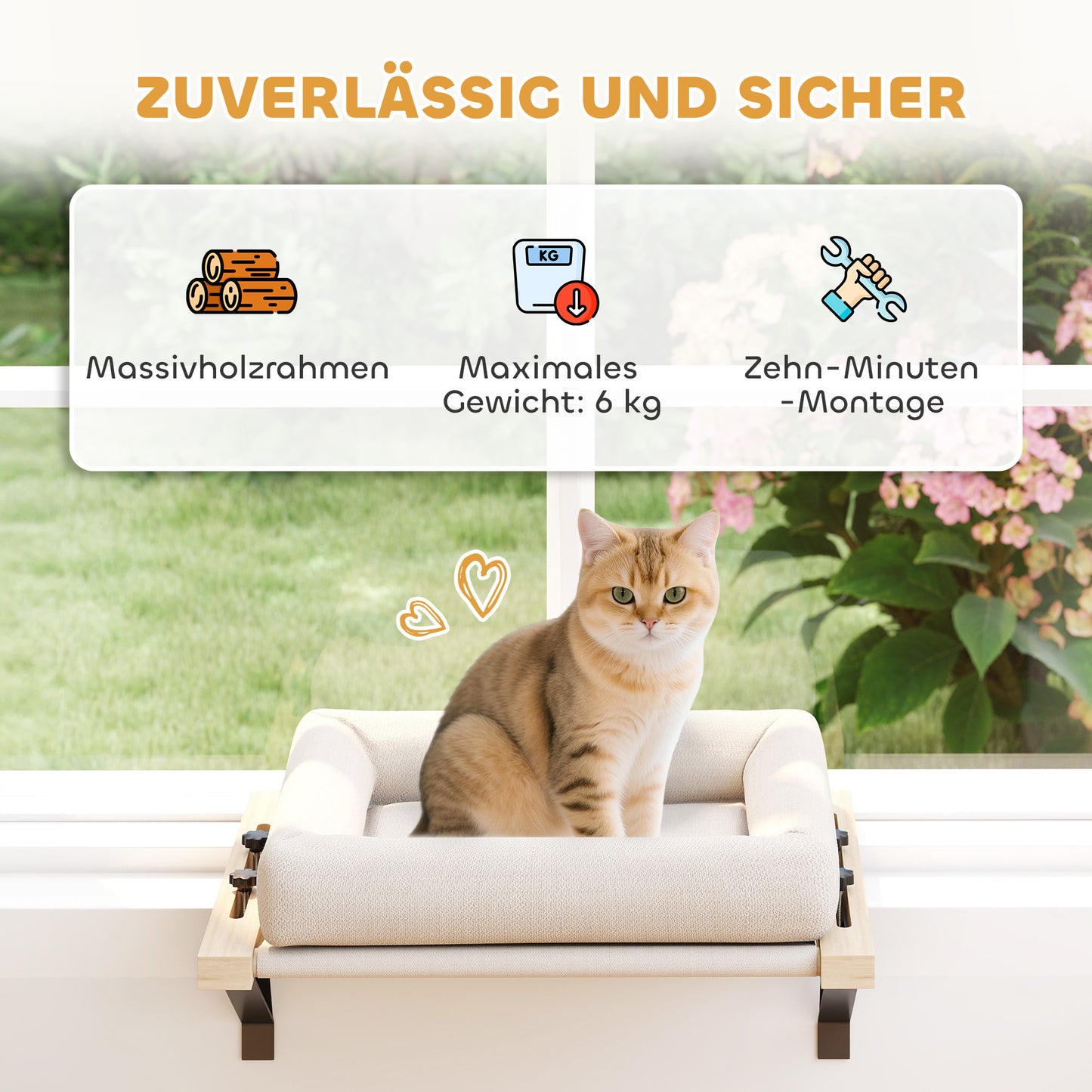 PawHut Katzenhaus mit Halterung für Fensterbänke und Heizungen, Kissen, Holzrahmen, Weiß