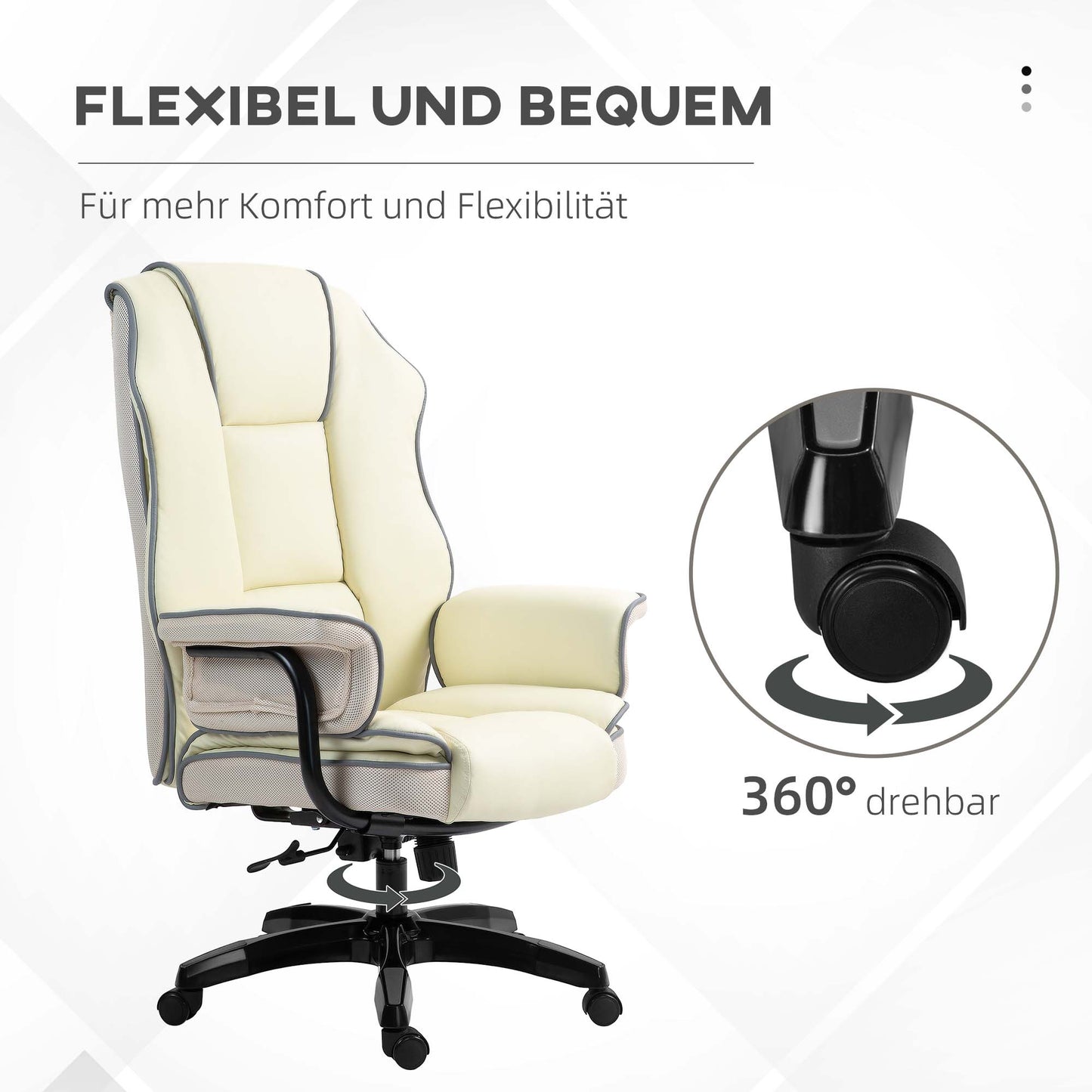 Vinsetto Ergonomischer Bürostuhl، gepolstert إضافي، Liegefunktion، Kunstleder، 76x80x118-124 سم، كريم
