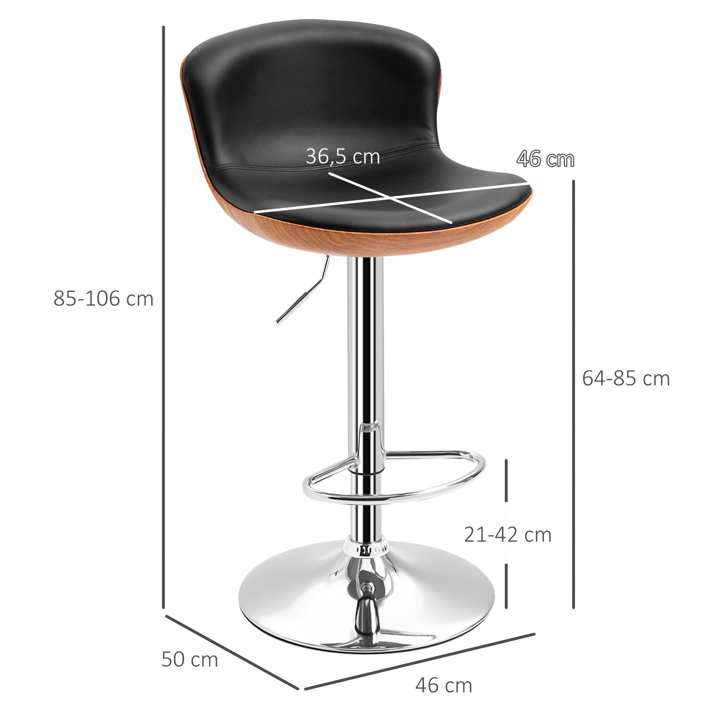 HOMCOM 2er-Set Barhocker mit Fußstütze, Barstuhl mit Rückenlehne, Bistrohocker, Esszimmerstuhl höhenverstellbar drehbar, Kunstleder, Schwarz, 46 x 53,5 x 85-106 cm
