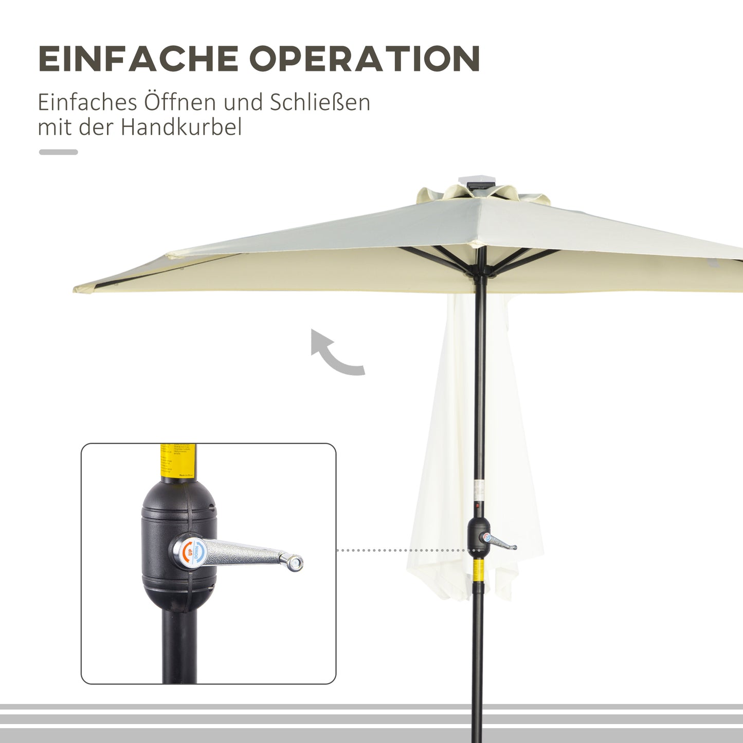 Outsunny Sonnenschirm، Terrassenschirm، halbrund، mit Solarpaneel، 20 LEDs، Handkurbel، بيج، 2,70 x 1,35 x 2,40 م