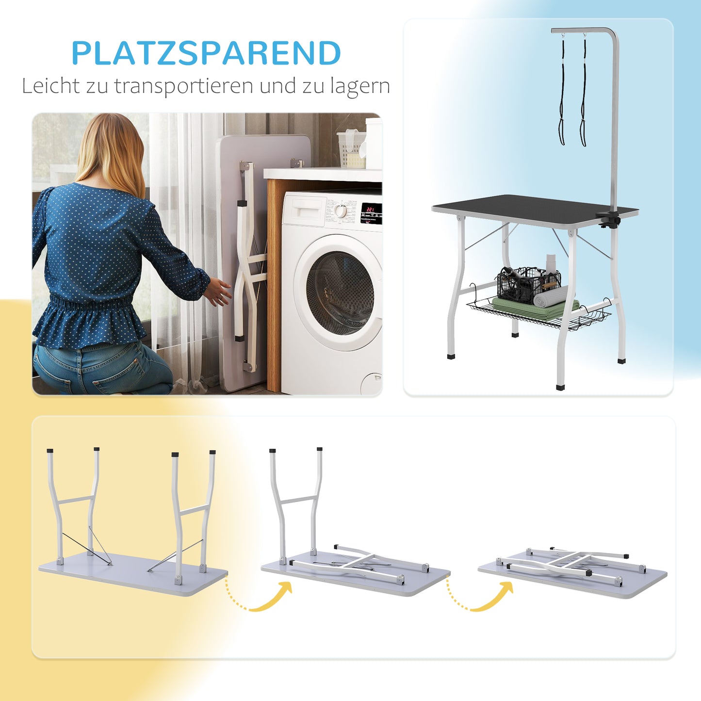 PawHut Hundepflegetisch, Frisiertisch mit einstellbarem Arm, Aufbewahrungsfach, Gummioberfläche, 90 x 60 x 76 cm, Schwarz