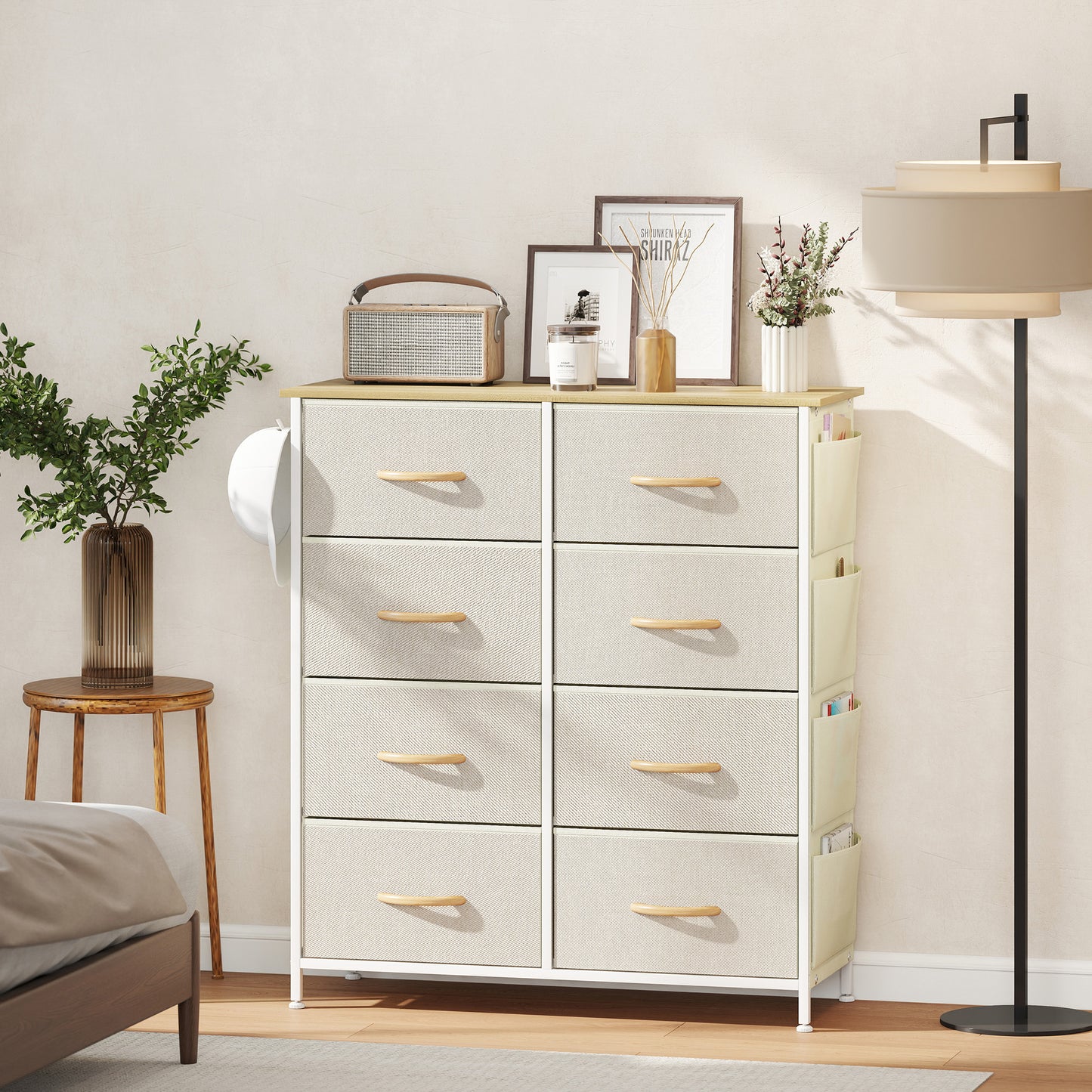 HOMCOM Schlafzimmer-Kommode mit 8 Stoffschubladen, Stahlstreben, Holzoberfläche, 4 Aufbewahrungstaschen, 2 Haken, Beige