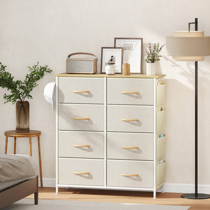 HOMCOM Schlafzimmer-Kommode mit 8 Stoffschubladen, Stahlstreben, Holzoberfläche, 4 Aufbewahrungstaschen, 2 Haken, Beige