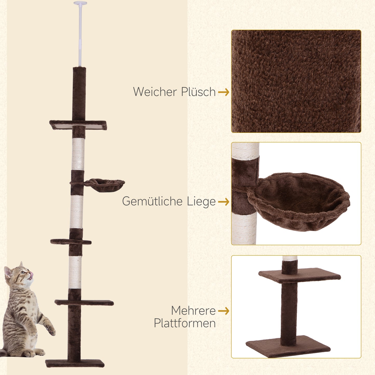PawHut Kratzbaum Deckenhoch höhenverstellbar, stabiler Katzenbaum mit Sisalsäulen, Katzen Kletterbaum, Braun, 40 x 34 x 230-260 cm