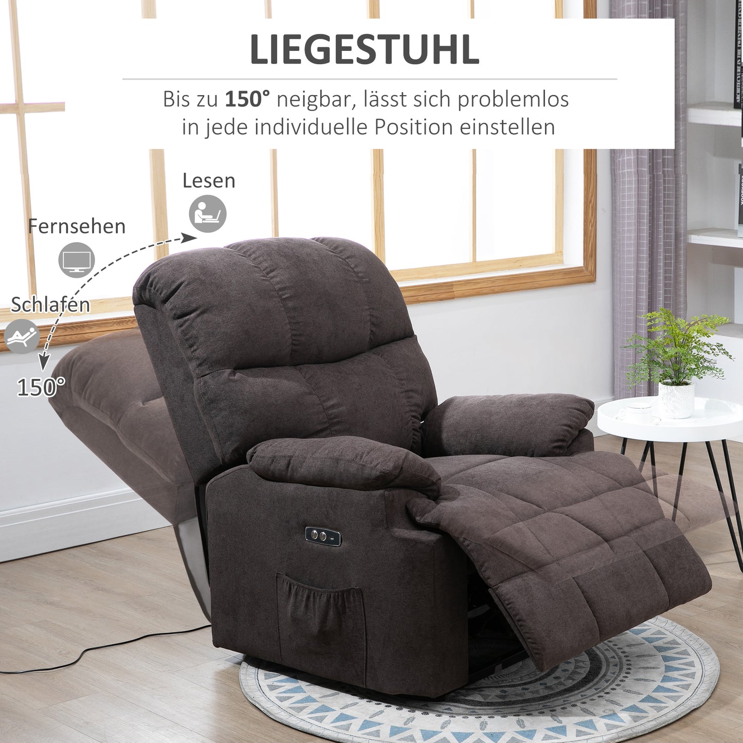 HOMCOM Relaxsessel, Neigbarer Aufstehsessel, verstellbar, mit USB-Anschluss, Seitentasche, Fußablage, Schaumstoff, Braun