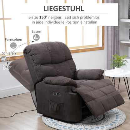 HOMCOM Relaxsessel, Neigbarer Aufstehsessel, verstellbar, mit USB-Anschluss, Seitentasche, Fußablage, Schaumstoff, Braun