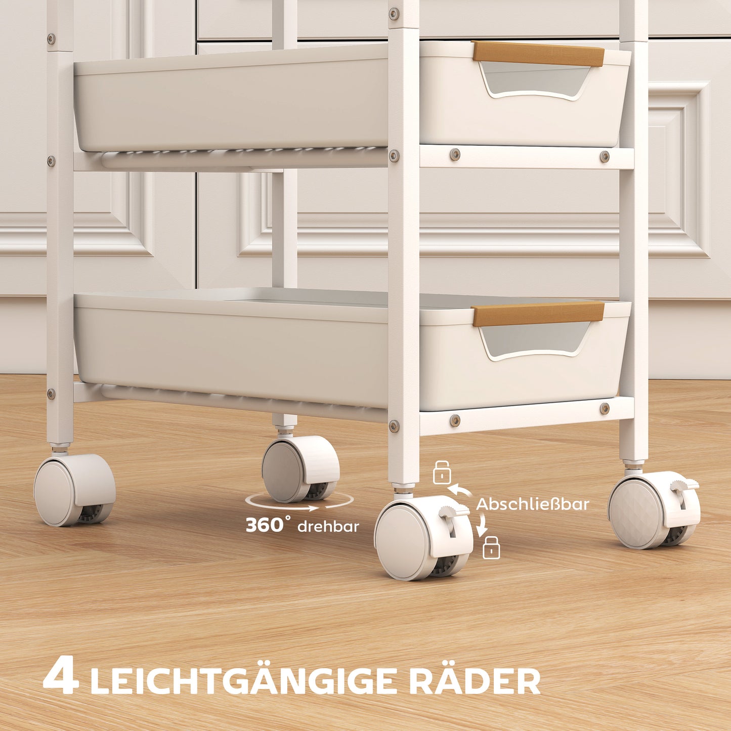 HOMCOM 5-stufiger Küchenwagen, Holzoptik, rollbar, Metallrahmen, 4 Schubladen, Weiß