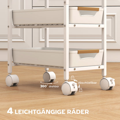 HOMCOM 5-stufiger Küchenwagen, Holzoptik, rollbar, Metallrahmen, 4 Schubladen, Weiß