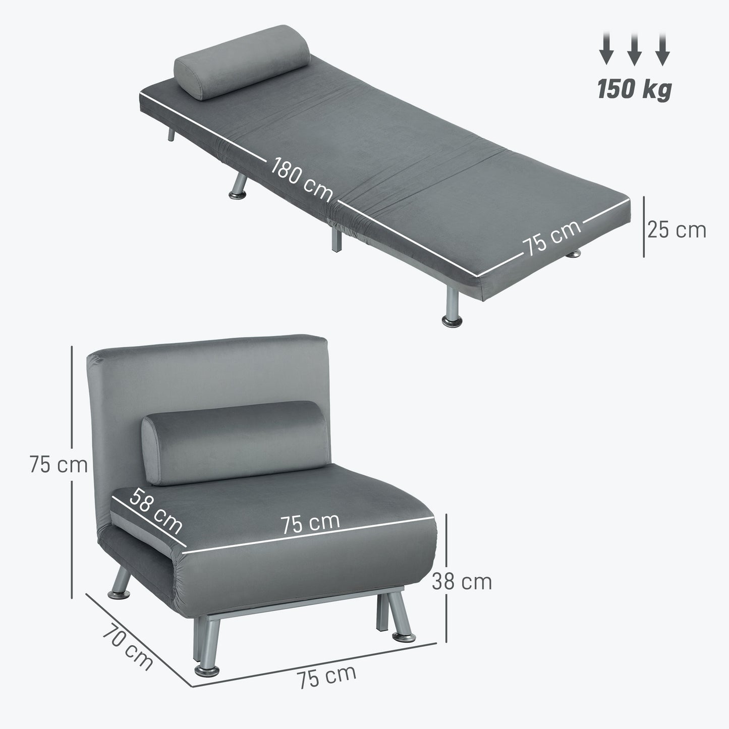 HOMCOM Klappsessel mit Bettfunktion، klappbarer Relaxsessel in Samtoptik، Verstellbare Rückenlehne، 75 × 70 × 75 سم، غراو