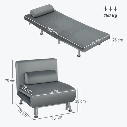HOMCOM Klappsessel mit Bettfunktion، klappbarer Relaxsessel in Samtoptik، Verstellbare Rückenlehne، 75 × 70 × 75 سم، غراو
