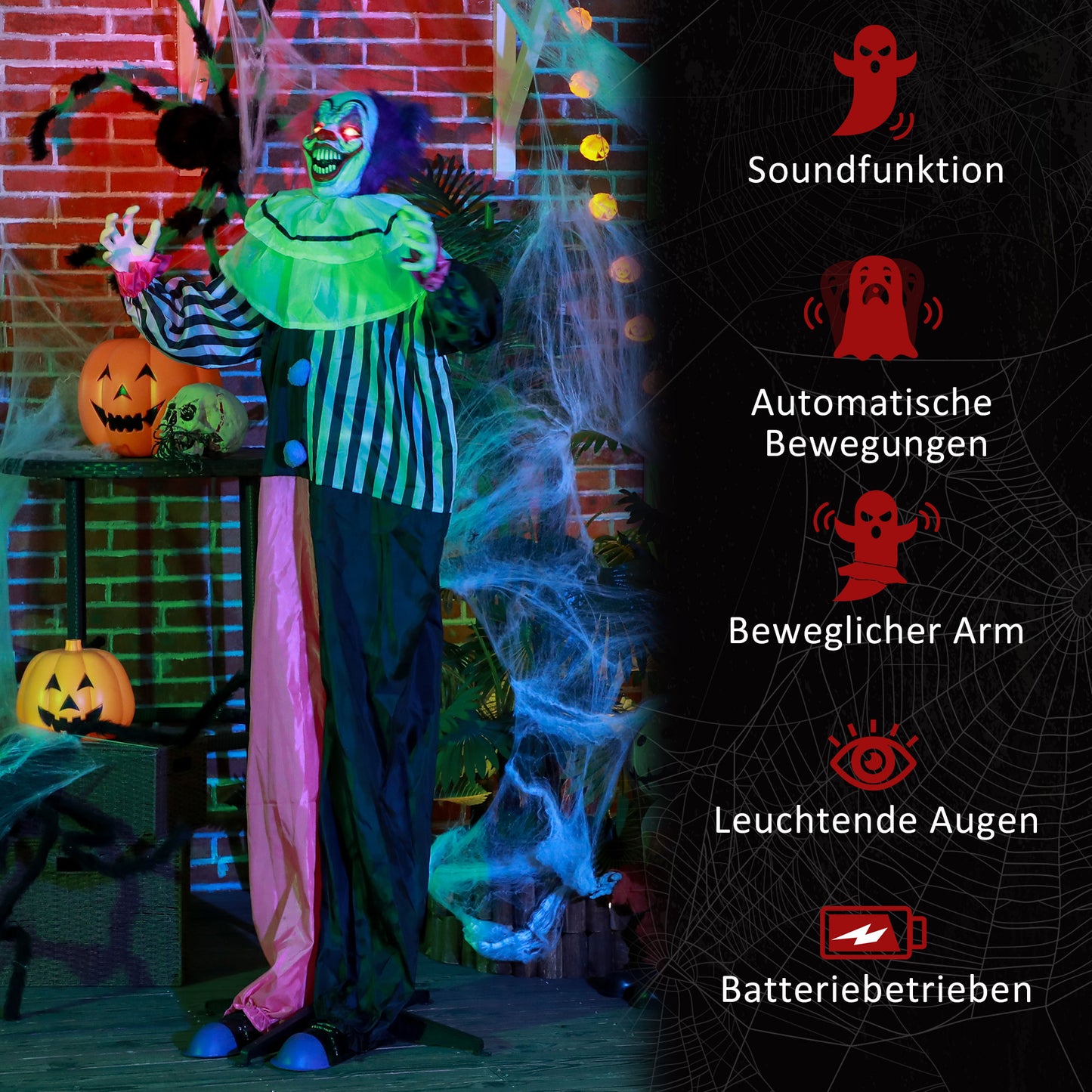 HOMCOM Grusel-Clown Halloween-Dekoration، beweglich، Lach-Funktion، وردي + ليلى