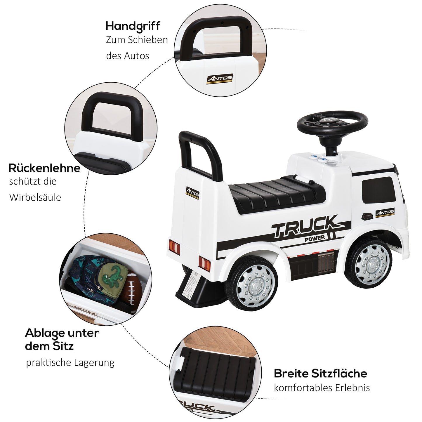 HOMCOM Rutscherfahrzeug Rutscherauto Babyrutscher Kinderfahrzeug lizenziert von Mercedes ANTOS-LKW-Stil mit Licht für Kinder von 12 bis 36 Monaten Metall PP-Kunststoff Weiß+Schwarz 62,5x28,5x45cm
