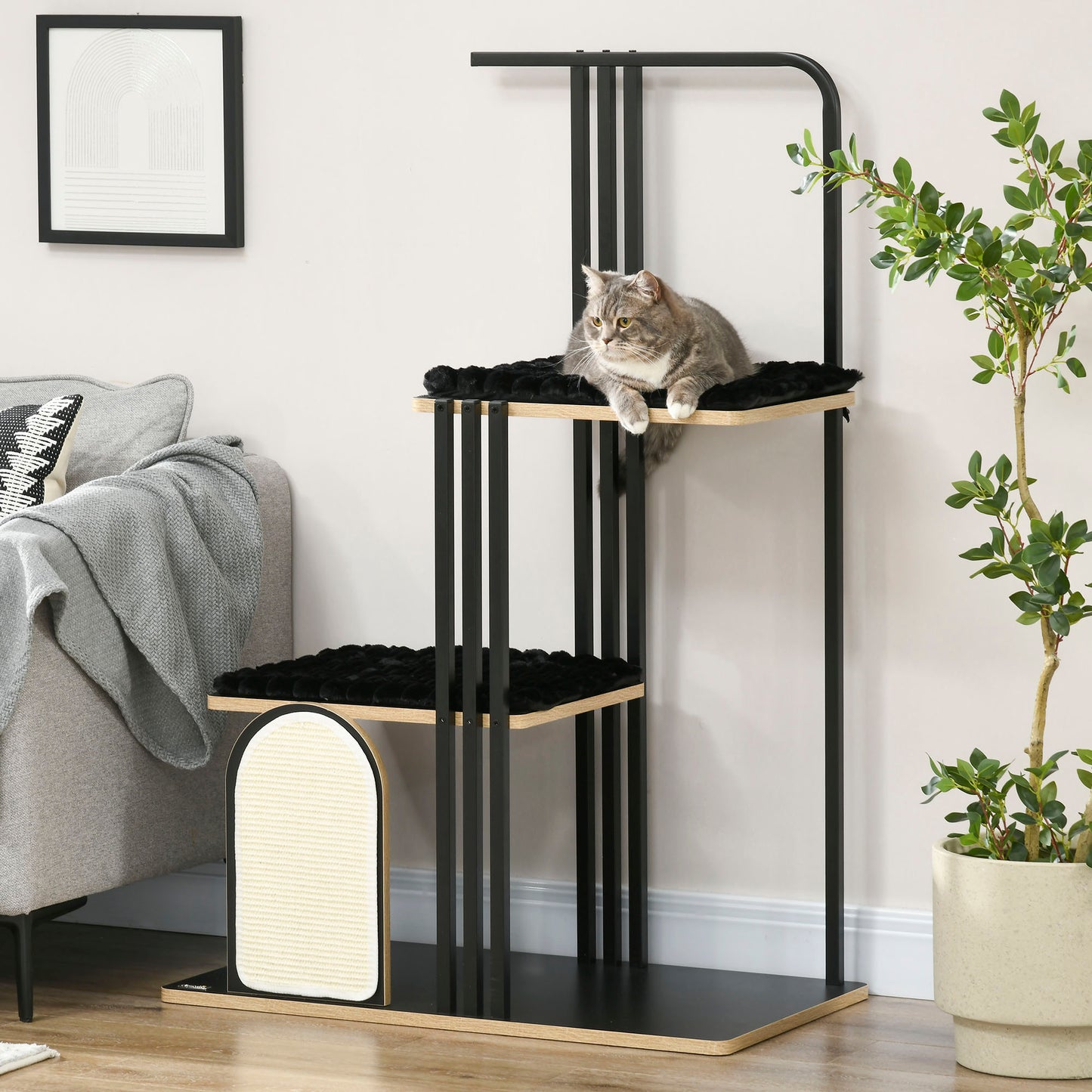 PawHut Kratzbaum, Industrial Design, 2 Plattformen, 2 Liegekissen, Kratzwand, Stahlrahmen, schwarz, 85 x 48 x 128 cm