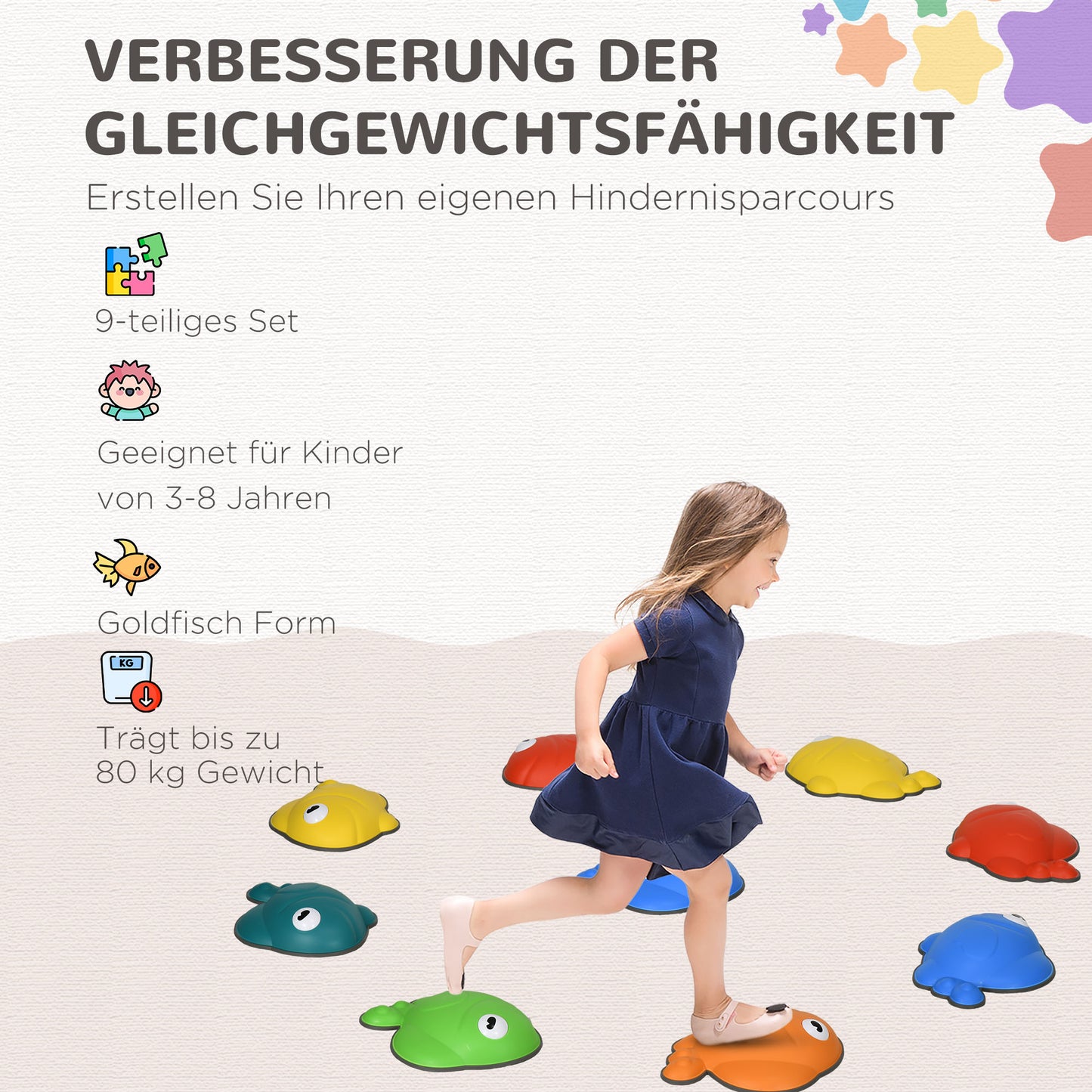 AIYAPLAY Balance-Trittsteine, 9er-Set, rutschfest, stapelbar, In- & Outdoor, Bunt