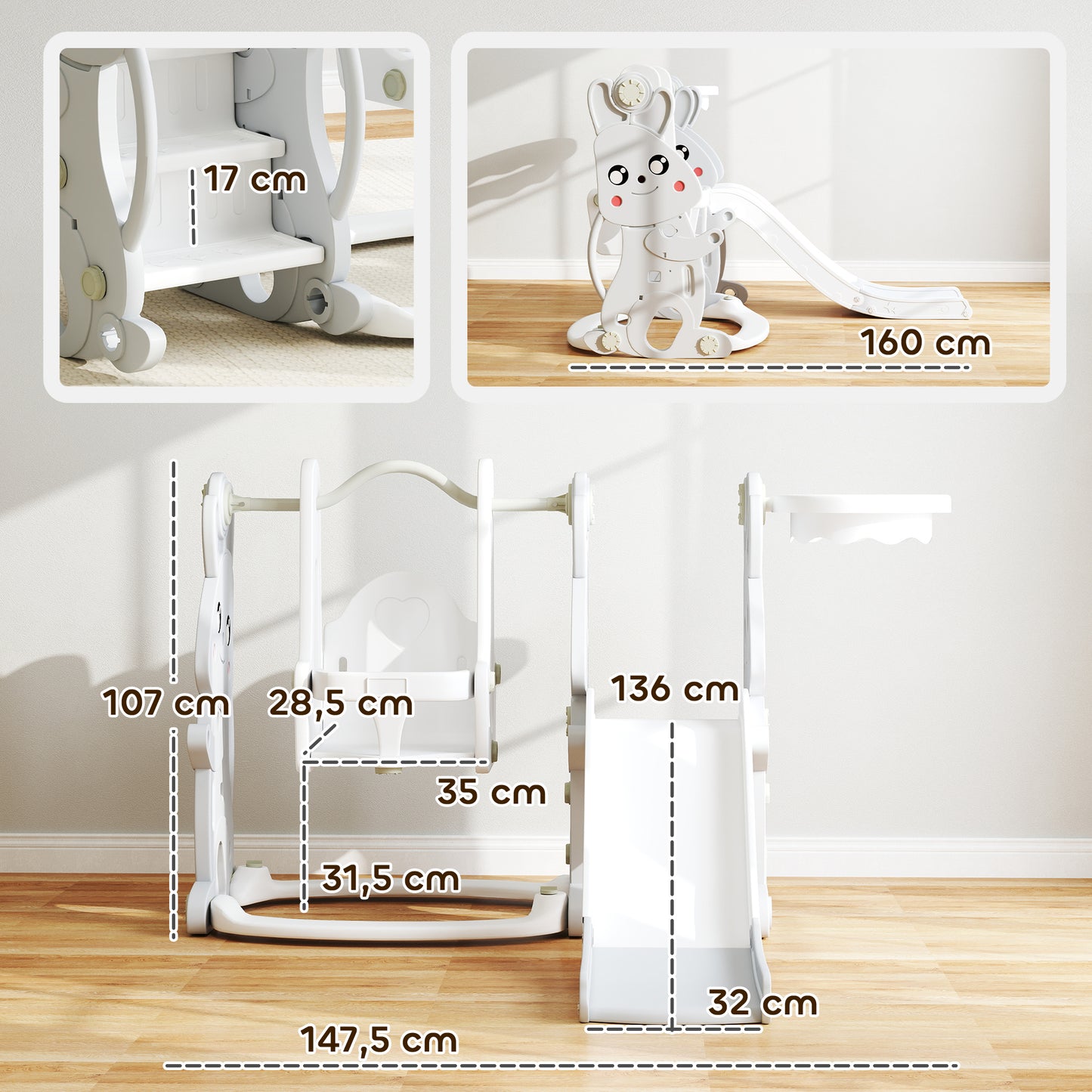 AIYAPLAY 4-in-1 Spielset für Kleinkinder, Rutsche, Schaukel, Klettergerüst, Basketballkorb, Kunststoff, Hasendesign, Grau