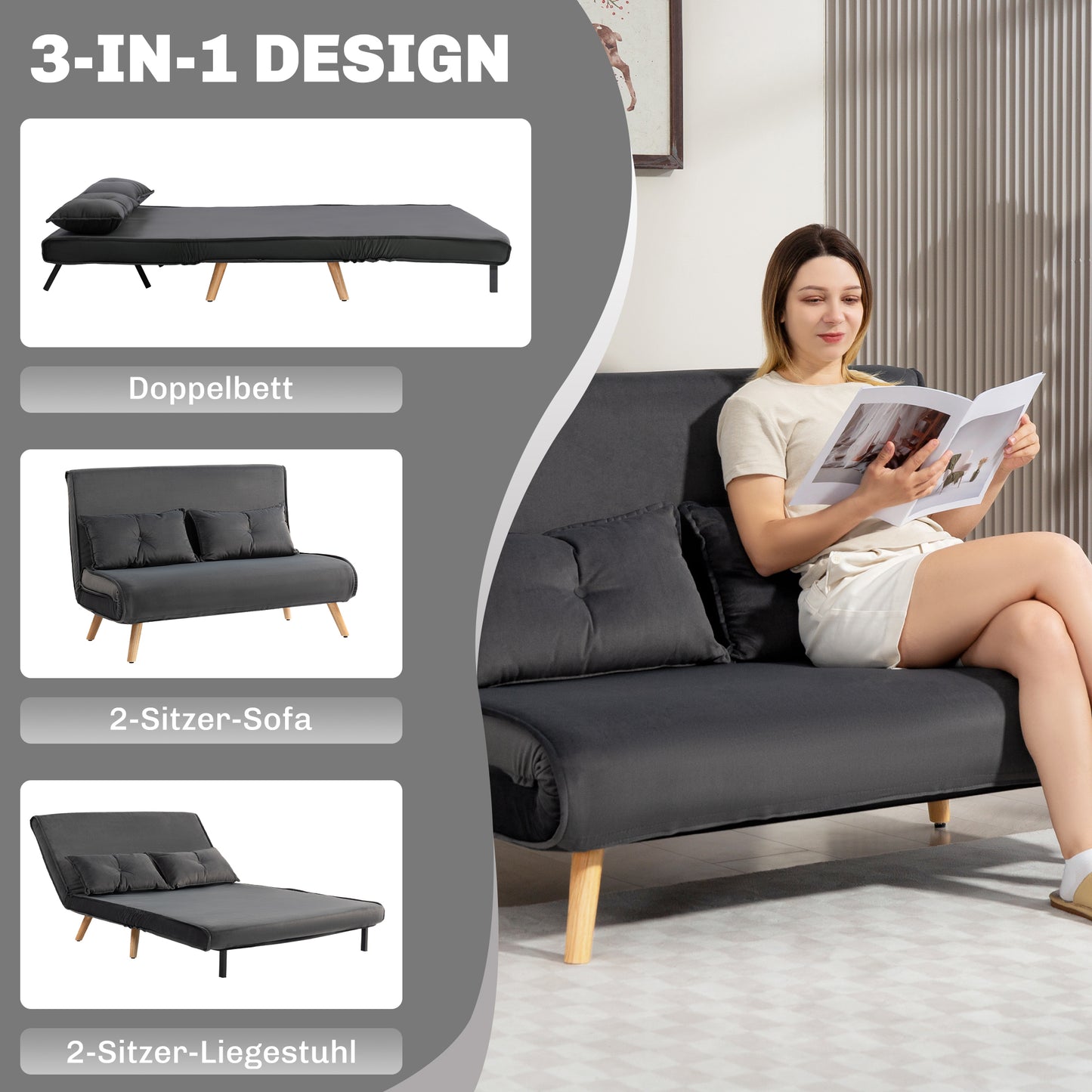 HOMCOM 2-Sitzer-Schlafsofa, Bettsofa, in Bett umwandelbare Couch, verstellbare Rückenlehne, Stoffbezug, Metallrahmen, Grau