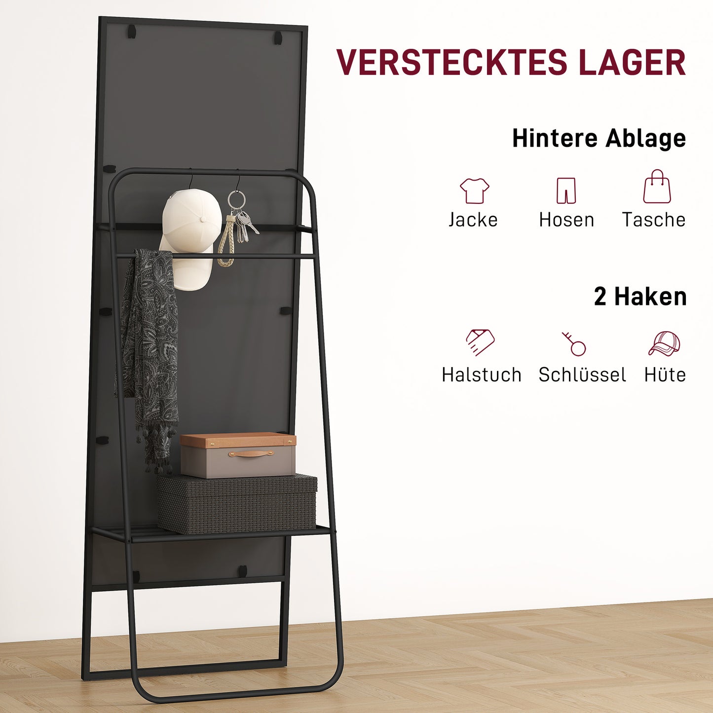HOMCOM Ganzkörperspiegel, industrielles Design, hinteres Regal, 2 Haken, Metallrahmen, für Schlafzimmer, 157 x 50 cm, Schwarz