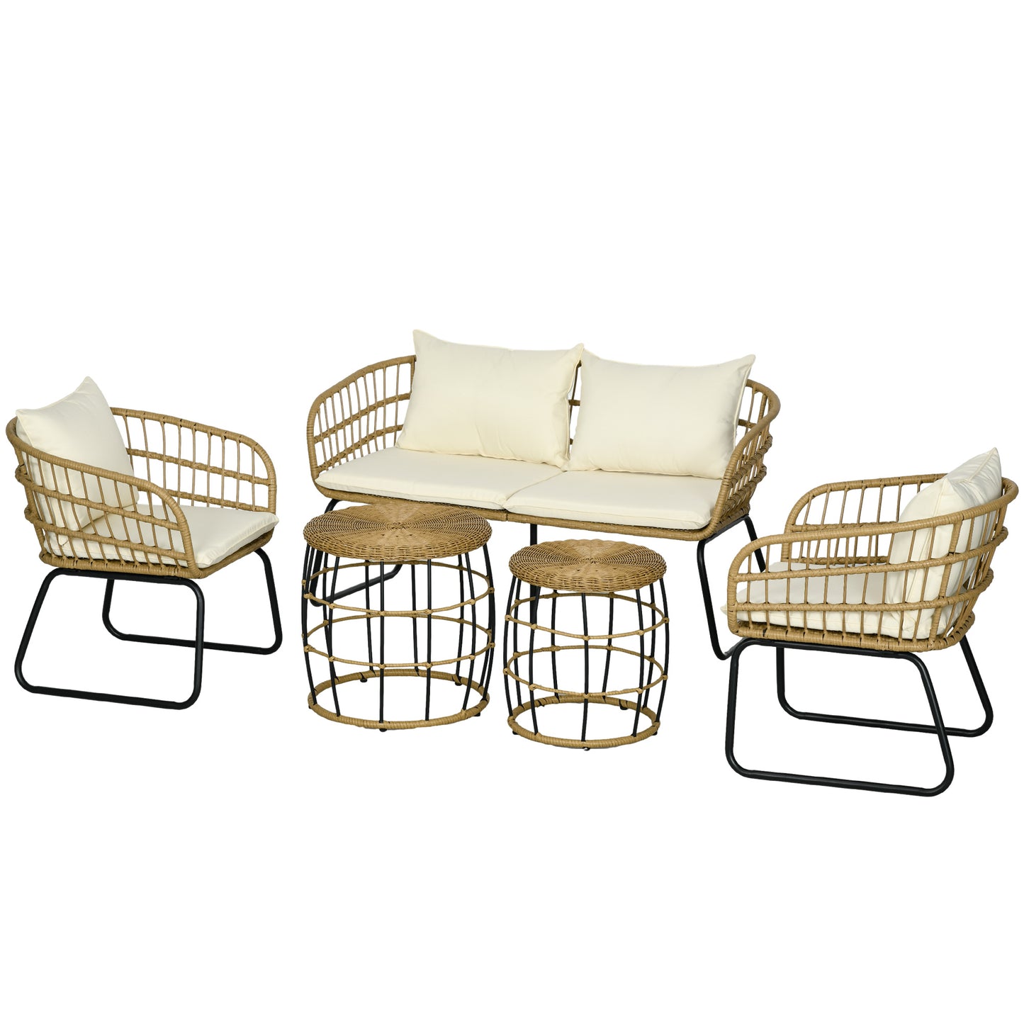 Outsunny Rattansitzgruppe Lounge-Set Outdoor-Sitzgruppe, Boho-Stil, 5-teilges Set, 145 x 70 x 78 cm, Creme + Natur + Schwarz