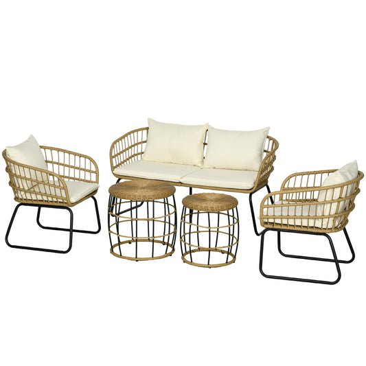 Outsunny Rattansitzgruppe Lounge-Set Outdoor-Sitzgruppe, Boho-Stil, 5-teilges Set, 145 x 70 x 78 cm, Creme + Natur + Schwarz