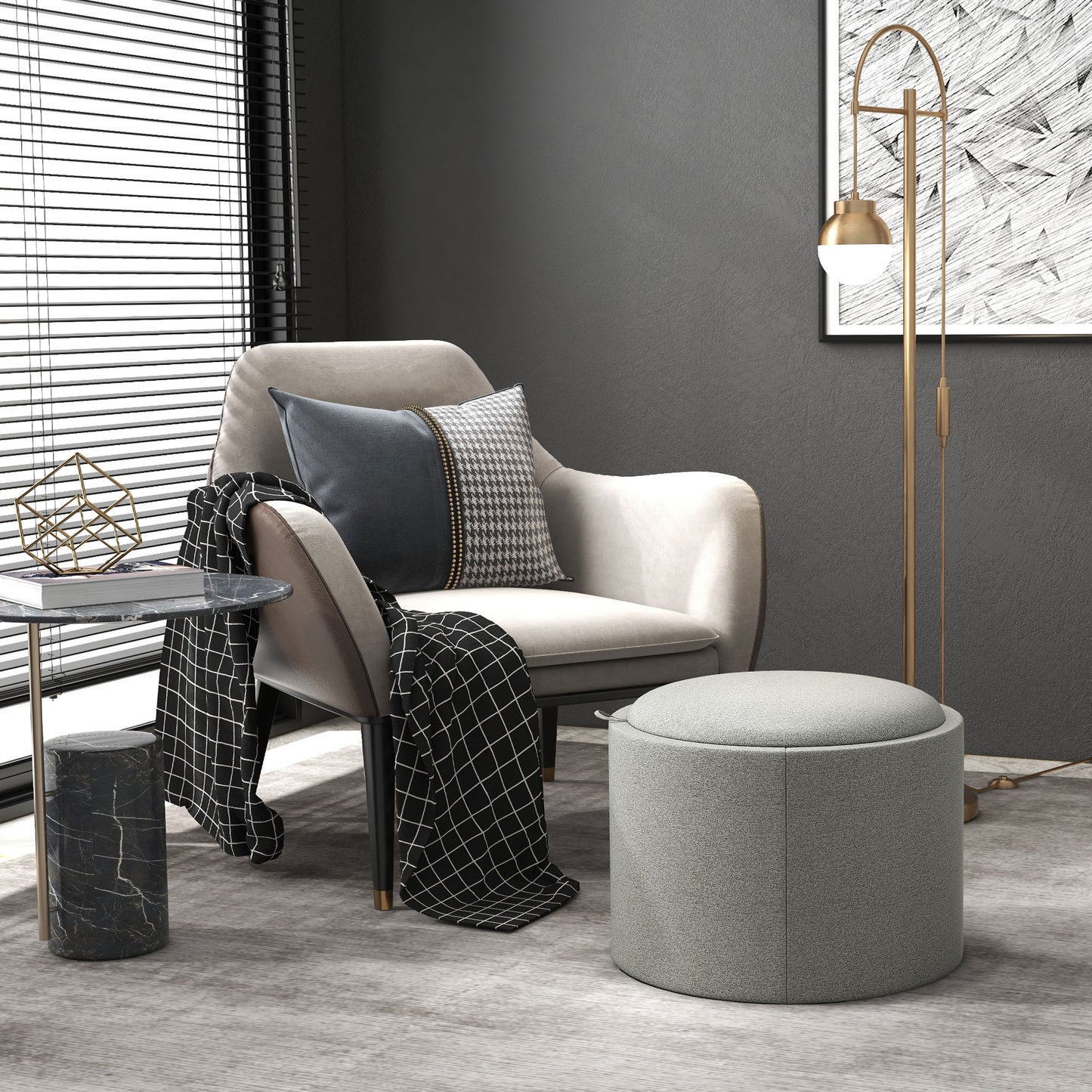 HOMCOM Hocker Polsterhocker, Leinen, versteckter Stauraum, umkehrbarer Deckel, 5 6cm x 56 cm x 42 cm, Grau + Natur