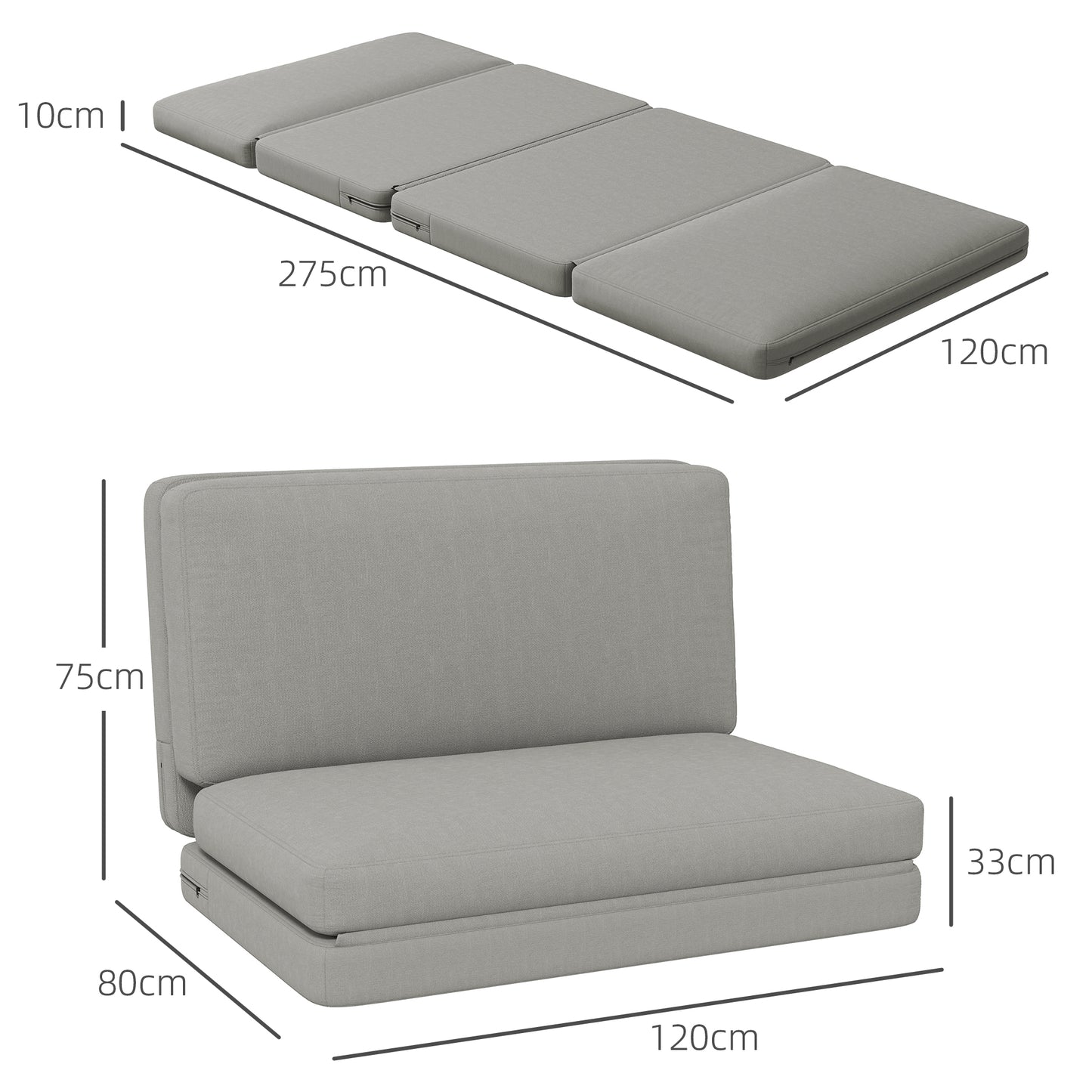 HOMCOM 2-in-1 faltbarer Relaxsessel, Gästematratze, teilbar, 120 cm breit, Hellgrau