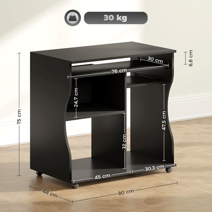 HOMCOM Computertisch mit Rollen, Schreibtisch mit Stauraum, 80 x 48 x 75 cm, Schwarz