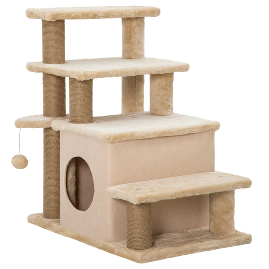 PawHut Haustiertreppe, Kratzbaum, 4 Stufen, Spielball, Häuschen, höhenverstellbar, 60 x 40 x 66 cm, Beige