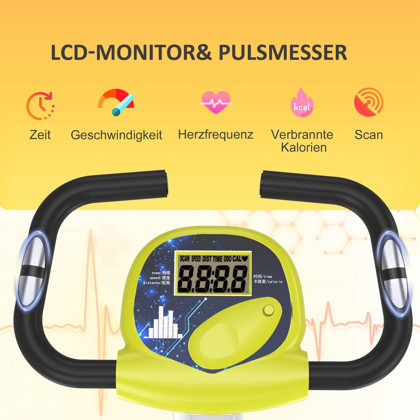 HOMCOM Heimtrainer Fahrradtrainer klappbar Magnetisch Hometrainer Fahrrad mit LCD Monitor, 8 stufig einstellbarem Magnetwiderstand, Platzsparend Fitnessbikes für Zuhause Gelb+Weiß
