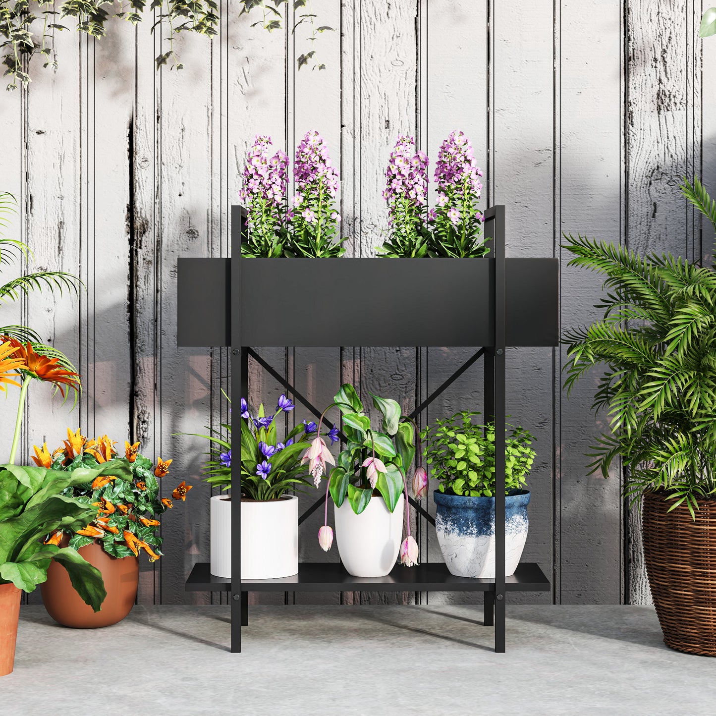 Outsunny Pflanzenständer, Blumentopfständer mit 2 Ebenen, Ablauflöcher, für drinnen und draußen, Metall, Schwarz