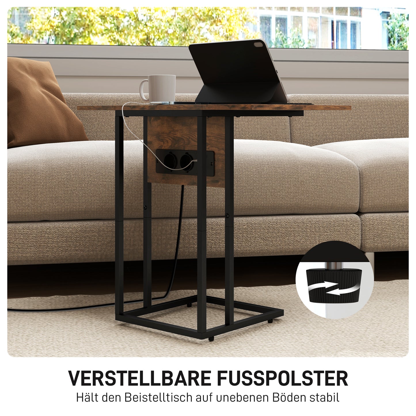 HOMCOM Klappbarer Beistelltisch, Ladestation mit USB-Ports, Metall, 39 x 29 x 57 cm, Braun