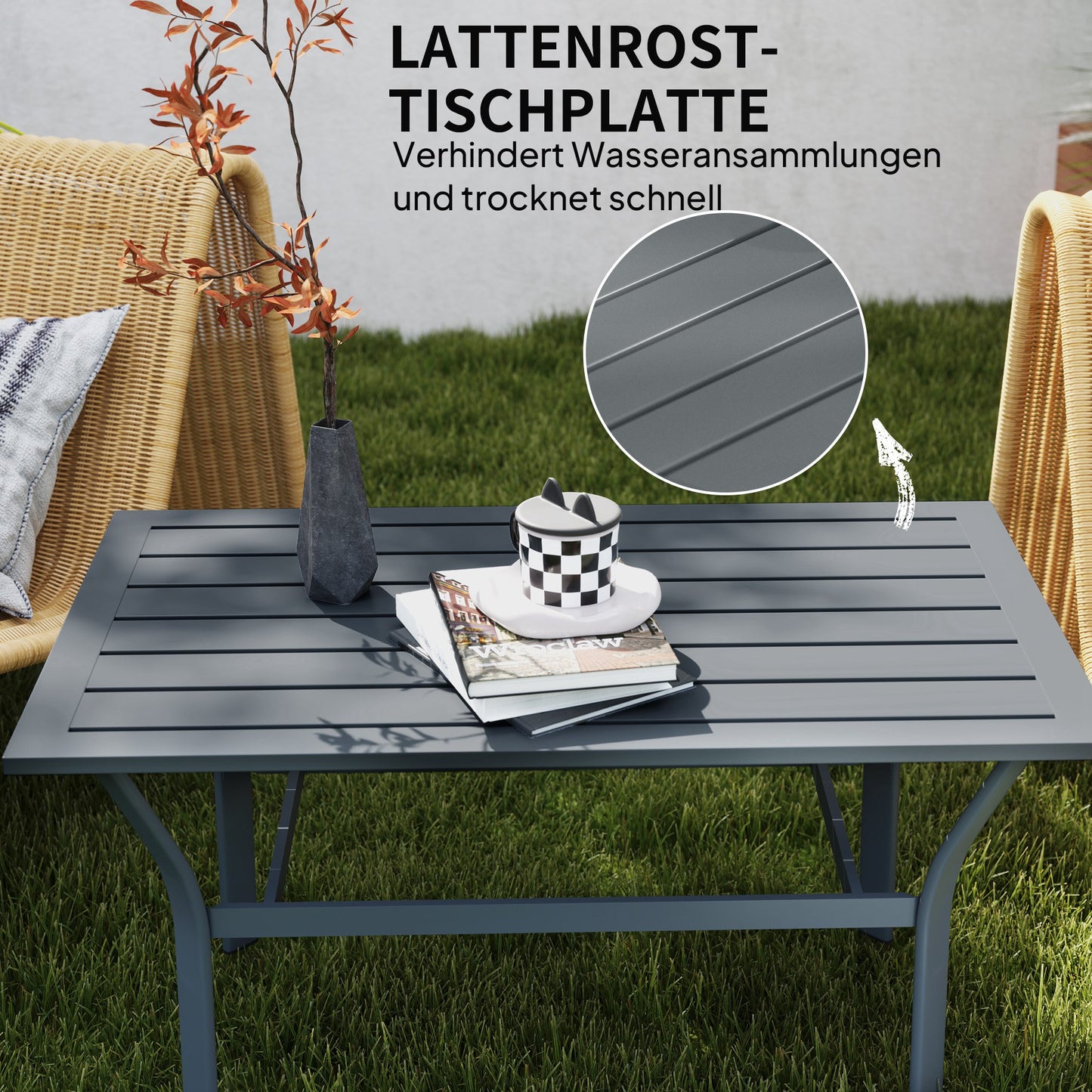 Outsunny Beistelltisch Metall Balkontisch mit Lamellendesign wetterfest Kaffeetisch Gartentisch 91,5 x 55 x 45 cm Dunkelgrau