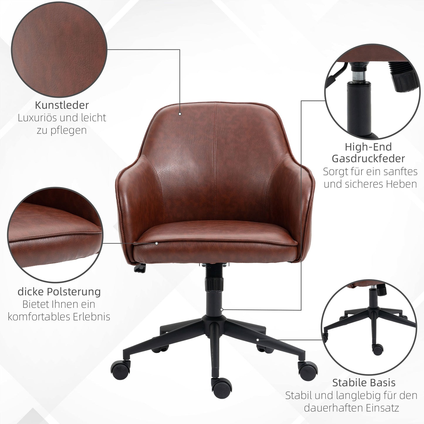 Vinsetto Bürostuhl, höhenverstellbar, Drehfunktion, 58,5 cm x 62 cm x 91 cm, Braun