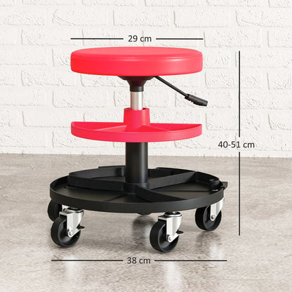 HOMCOM Werkstatthocker mit Rollen Tabletts höhenverstellbar 40-51cm Rollhocker bis 135 kg belastbar Rot