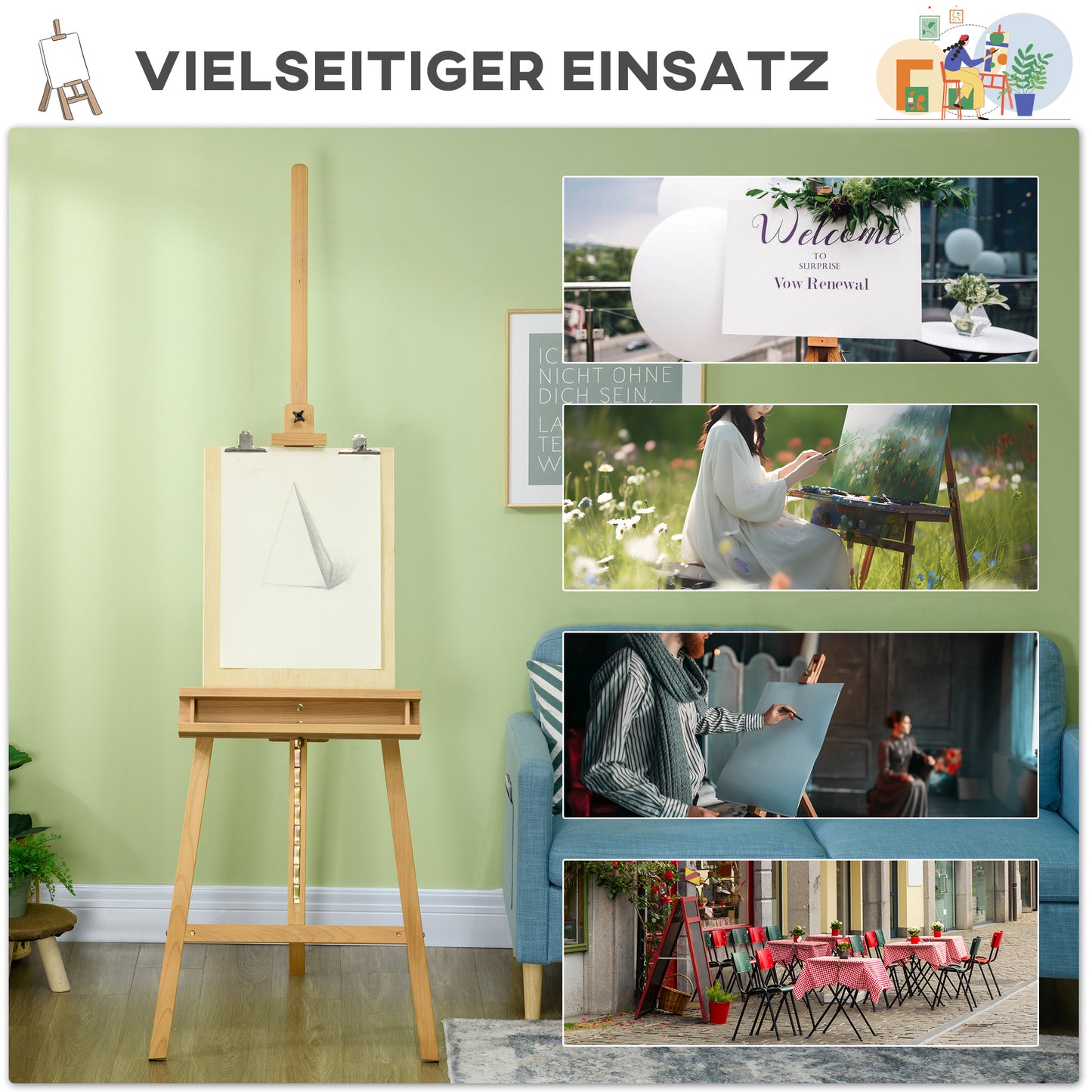 Vinsetto Staffelei, Holzstaffelei, höhenverstellbar, klappbar, Stiftablage, Buchenholz, 65 x 110 x 180-235 cm