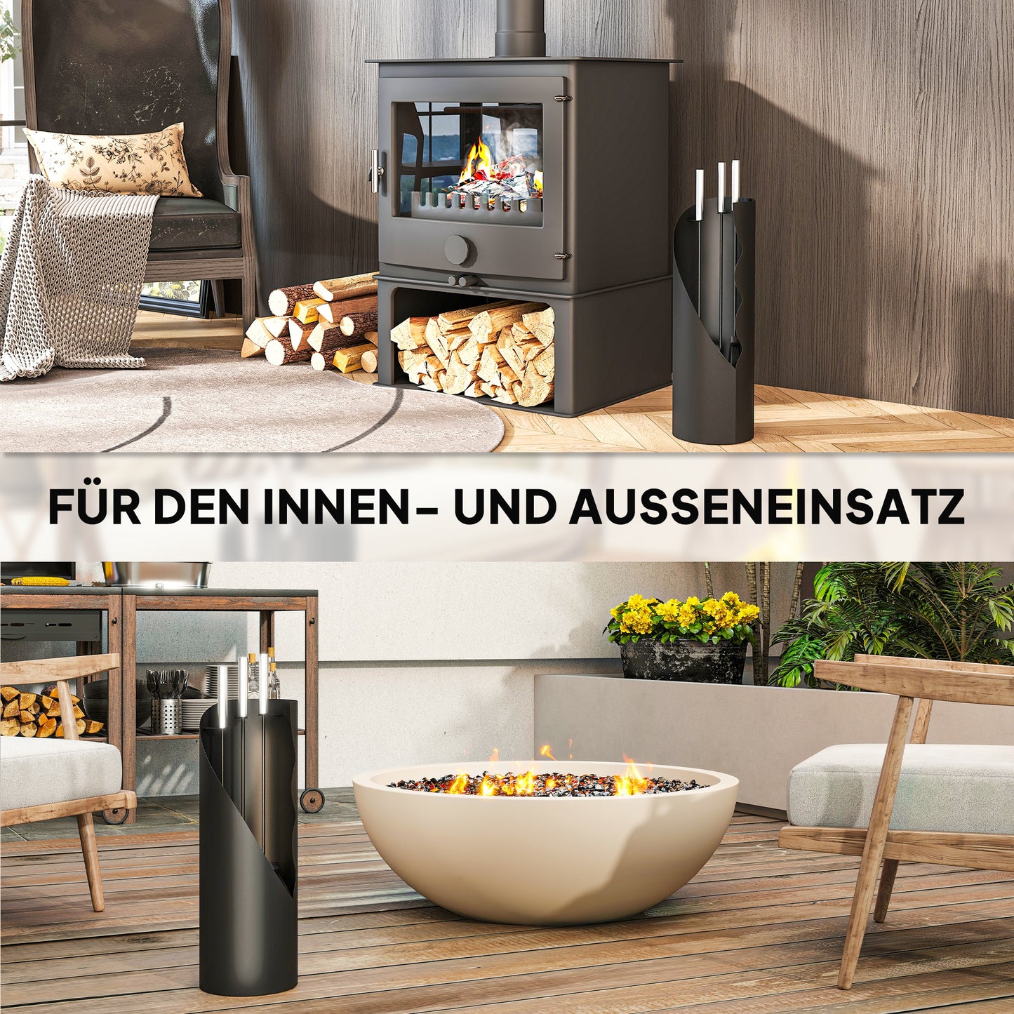 Outsunny Kaminbesteck Set 4-teilig Kaminzubehör mit Besen, Schaufel, Schürhaken und Korb, Kamingarnitur, Metall, Schwarz