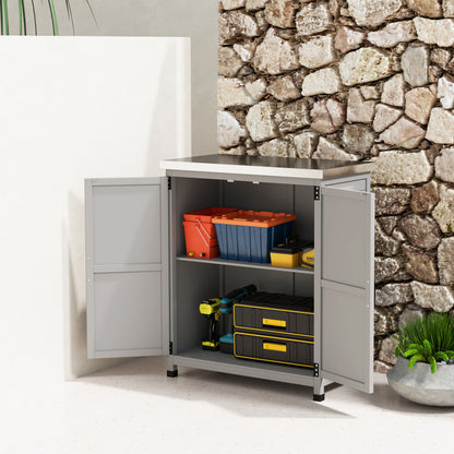 Outsunny Gartenschrank, Außenschrank mit Arbeitsfläche, Werkzeugschrank, Massivholz, Stahl, 79B x 43T x 92H cm, Grau