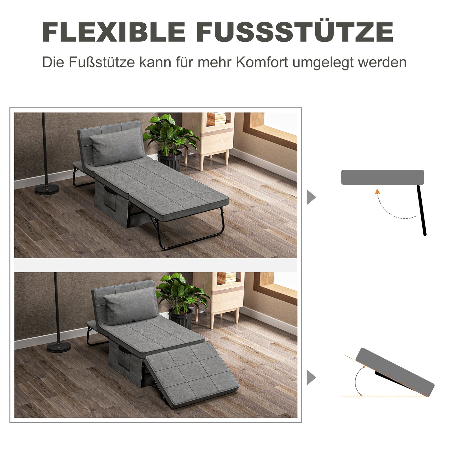 HOMCOM 4-in-1 Klappbett, Gästebett, höhenverstellbar, Matratze, Seitentaschen, Metallrahmen, grau, 188 x 75 x 38 cm