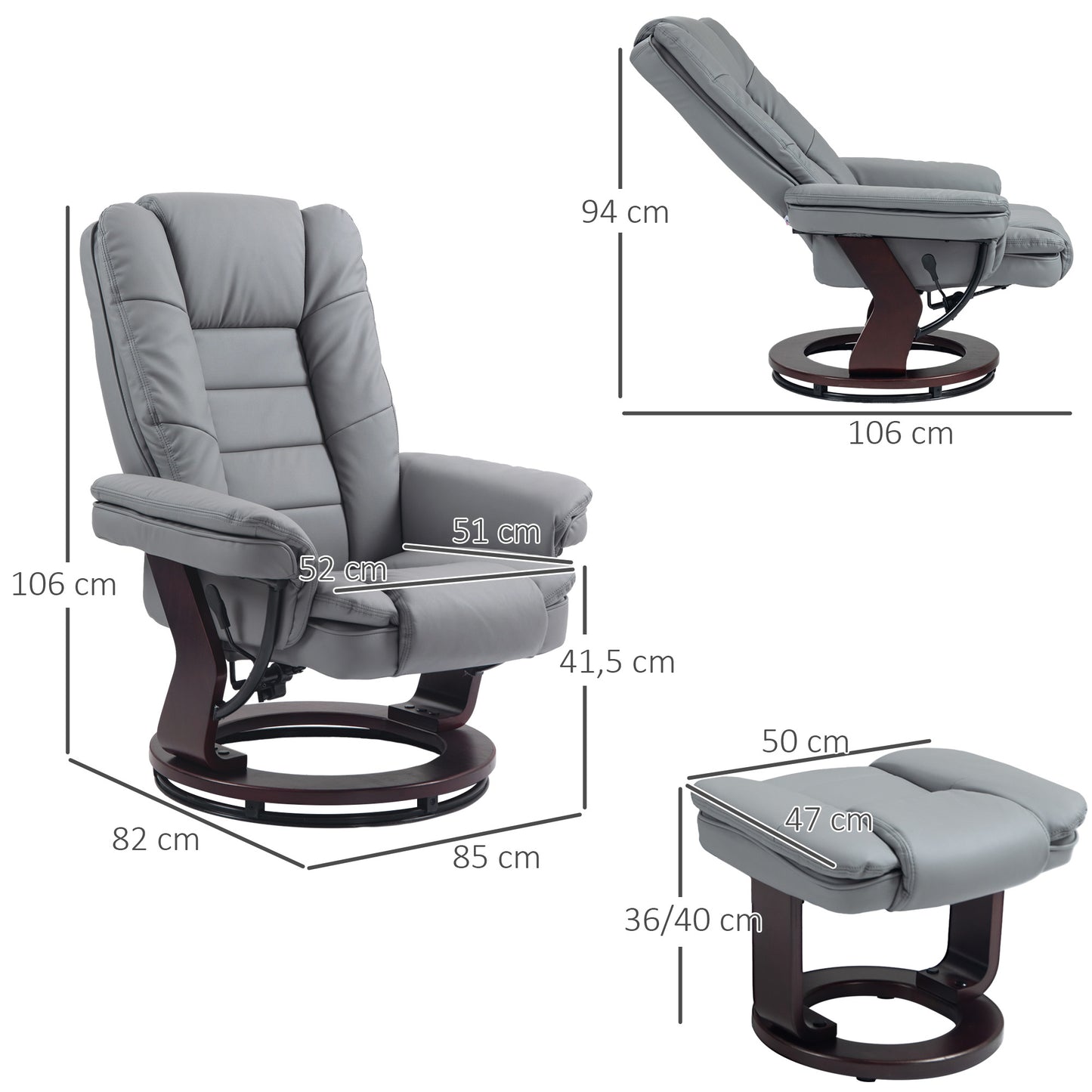 HOMCOM Relaxsessel mit Hocker, Liegesessel, drehbar, neigbare Lehne, Lederoptik, bis 130 kg, Grau