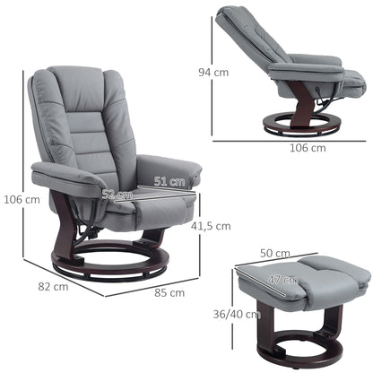 HOMCOM Relaxsessel mit Hocker, Liegesessel, drehbar, neigbare Lehne, Lederoptik, bis 130 kg, Grau