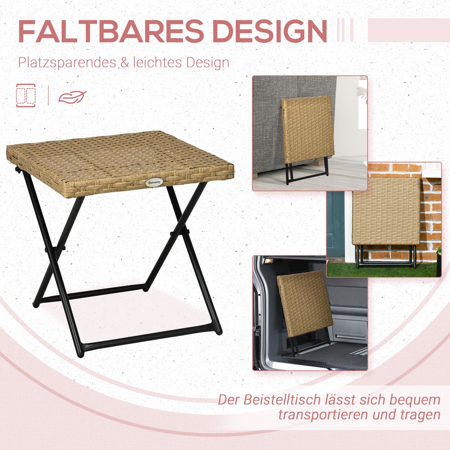 Outsunny Polyrattan Balkontisch, klappbar, Stahlrahmen, pflegeleicht, 40x40x40 cm, Natur