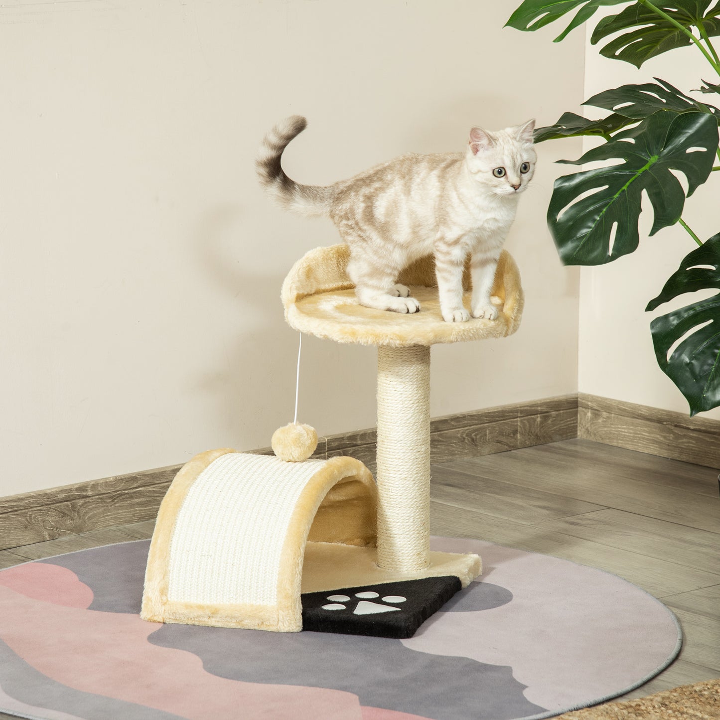 PawHut Kratzbaum Katzenbaum mit Spielbällen Katzenkratzbaum Sisalseil-Kratzstangen Beige 35,5 x 37 x 46 cm