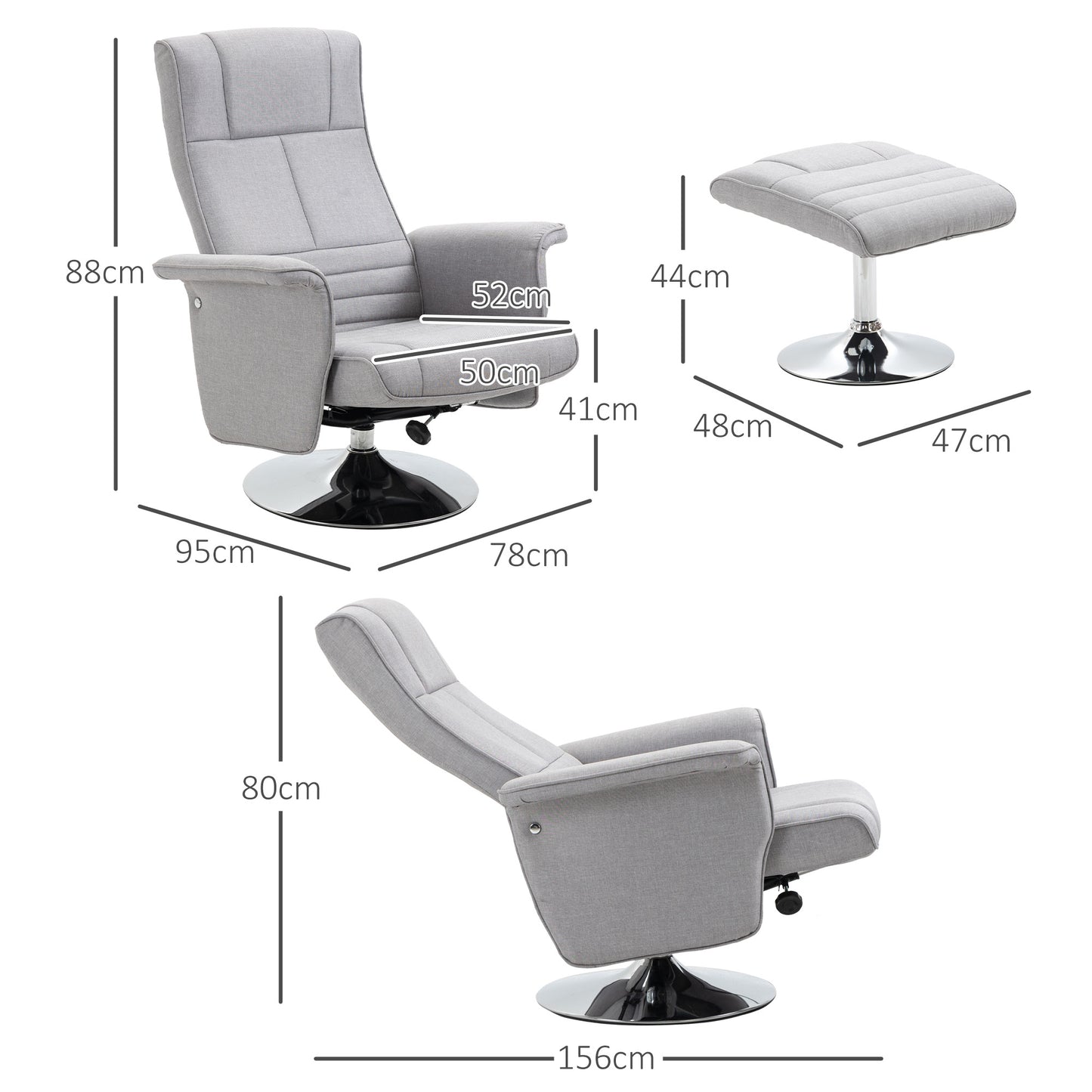 HOMCOM Massagesessel mit Hocker، neigbare Lehne، 78 × 95 × 88 سم، Hellgrau