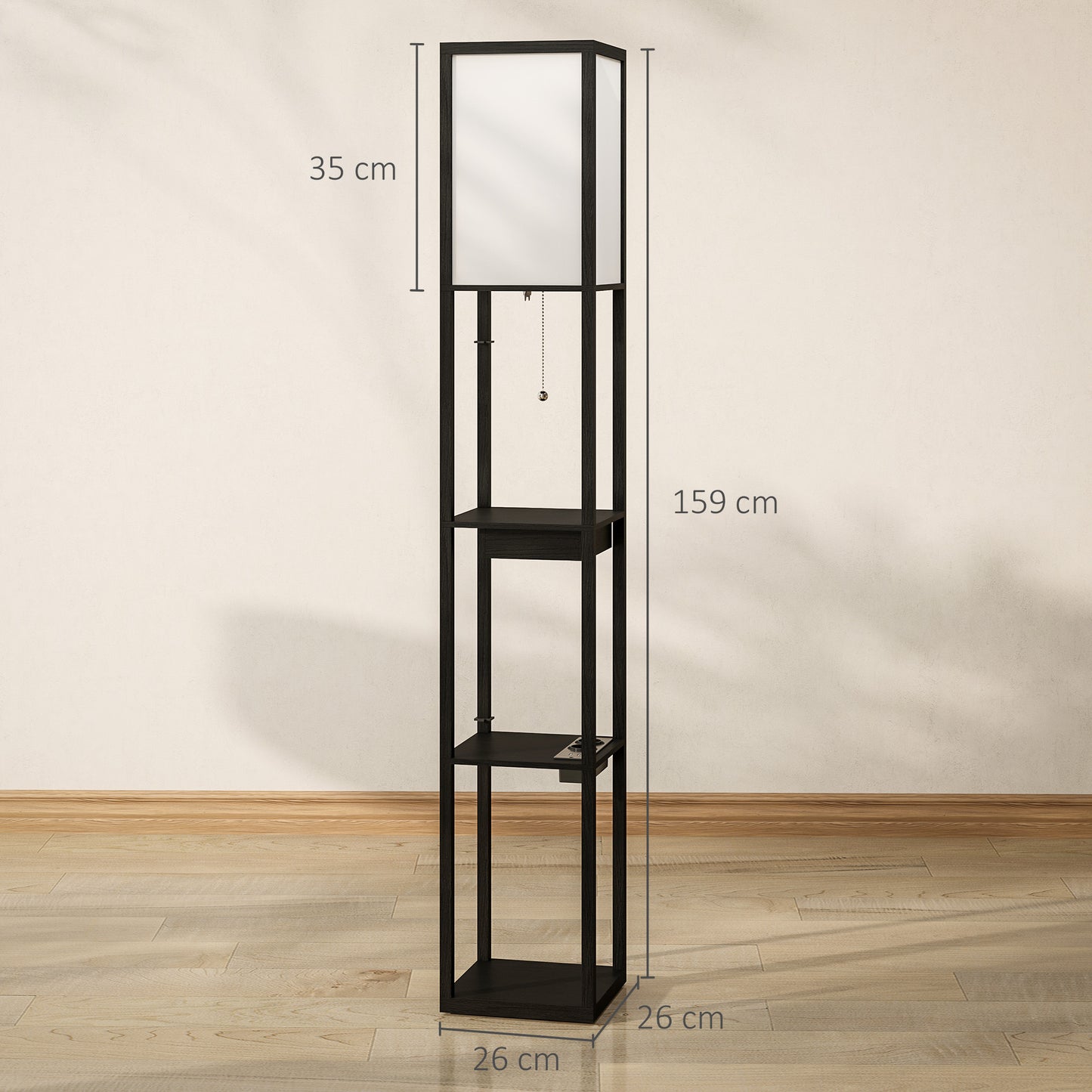 HOMCOM Stehlampe mit 3-stufigem Regal, Fußschalter, USB-Anschlüssen, MDF, Schwarz