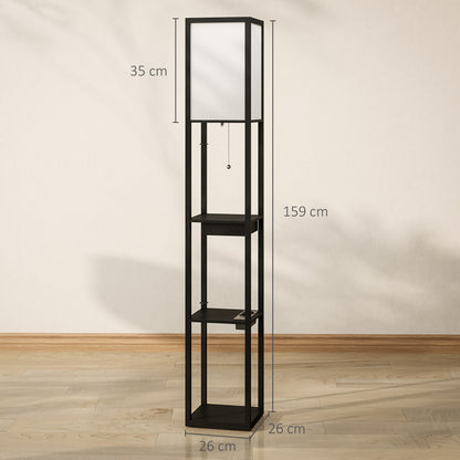 HOMCOM Stehlampe mit 3-stufigem Regal, Fußschalter, USB-Anschlüssen, MDF, Schwarz