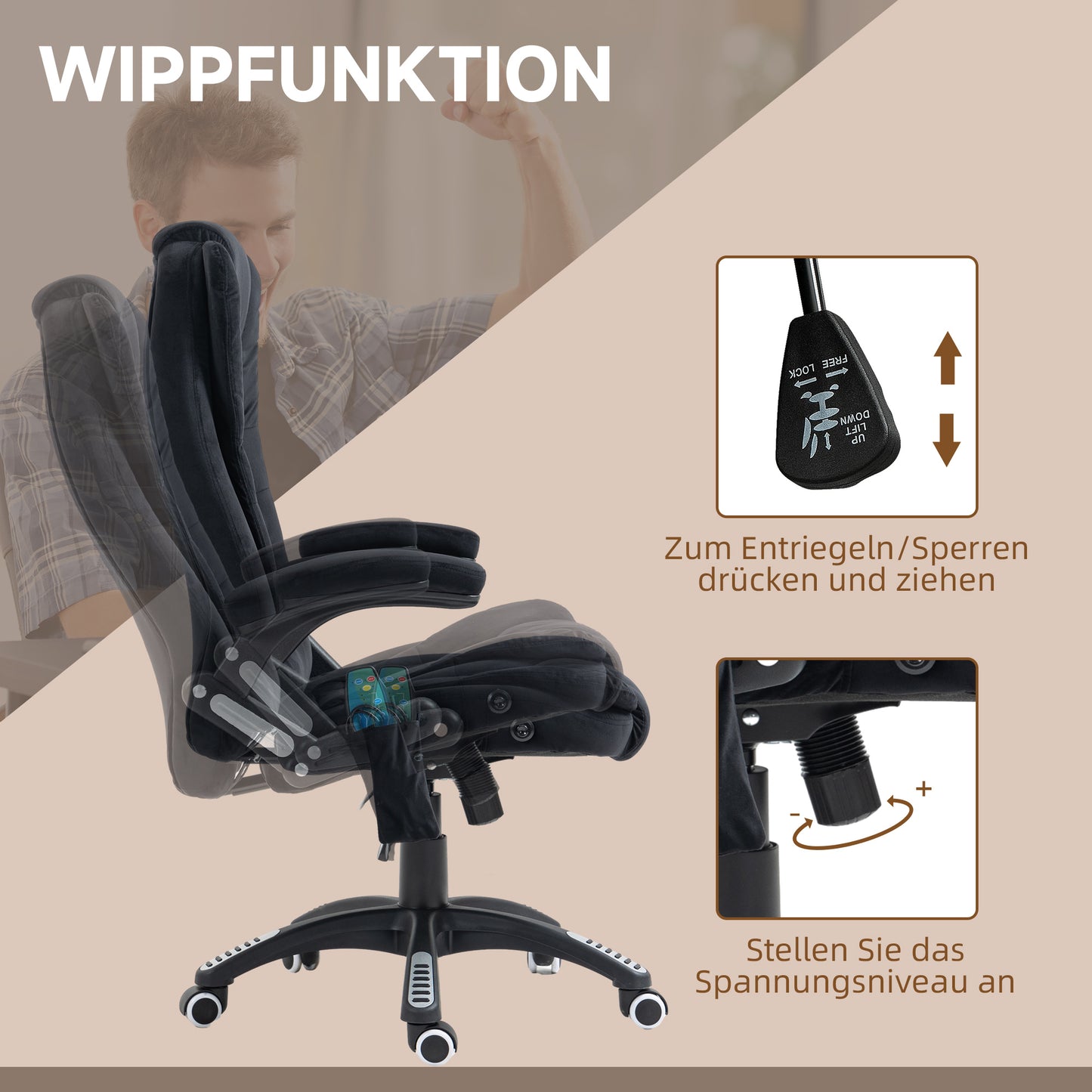 Vinsetto Bürostuhl mit Massage- & Wärmefunktion, ergonomisch, höhenverstellbar, Schwarz